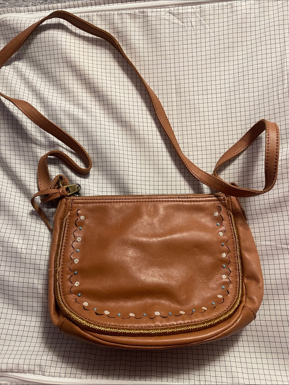 The Sak Tan Leather Crossbody with Stud and Stitch Detail